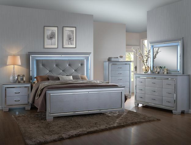 Silver-tone Lillian platform bed with diamond-tufted LED headboard in a bedroom setting