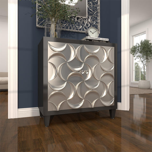 Compact 2-door moon-themed cabinet with matte black finish and tapered legs