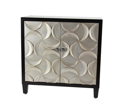 Small black cabinet with silver crescent moon carving and crystal knob handles