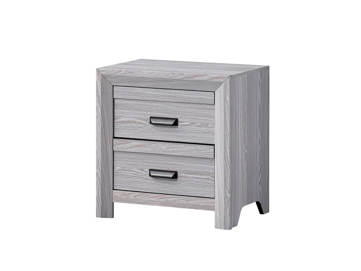 Adelaide grey wood bed frame with upholstered channel-tufted headboard and matching bedroom furniture