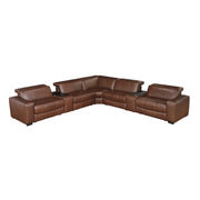 7-piece brown leather modular power reclining sectional sofa with headrests up and reclined