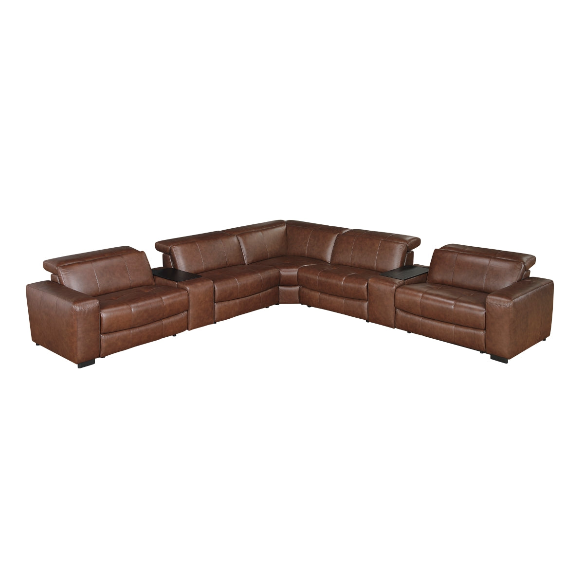 7-piece brown leather modular power reclining sectional sofa with headrests up and reclined