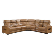 Brown faux leather power reclining sectional with side console and cup holders