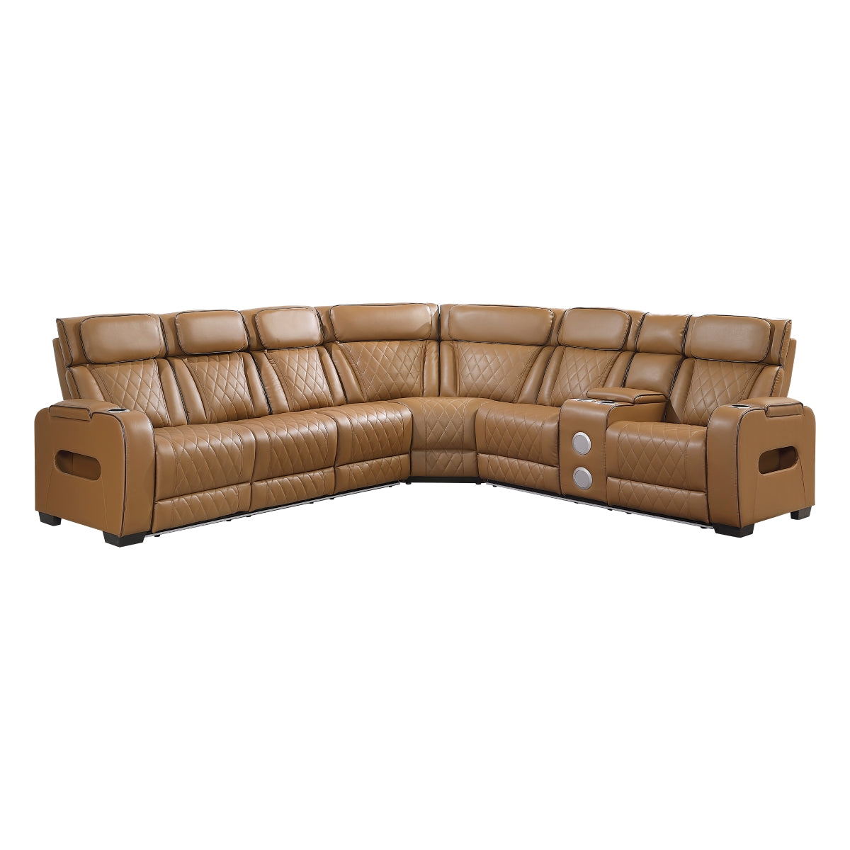 Brown faux leather power reclining sectional with side console and cup holders