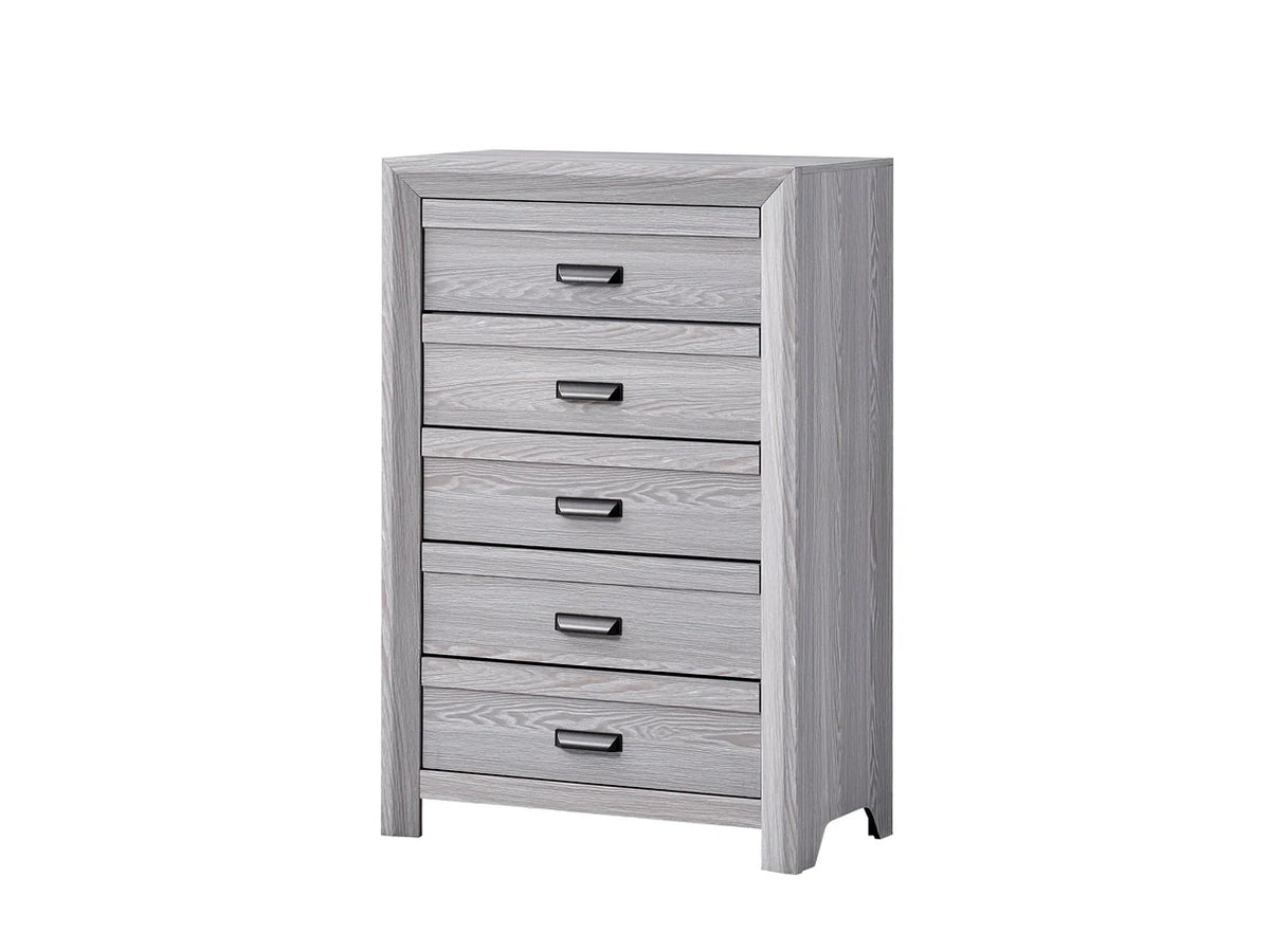 Adelaide grey wood bed frame with upholstered channel-tufted headboard and matching bedroom furniture