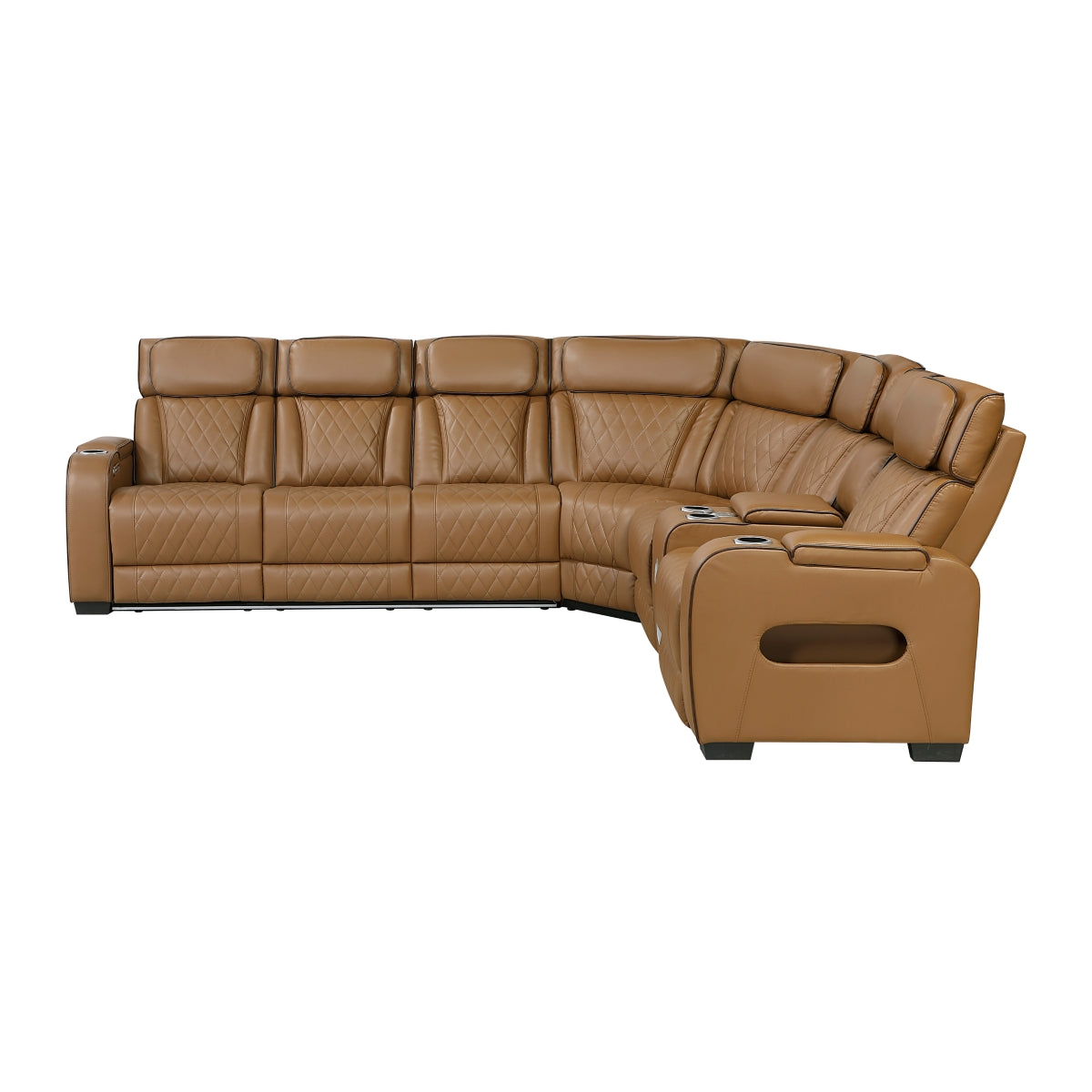 Brown faux leather power reclining sectional with side console and cup holders