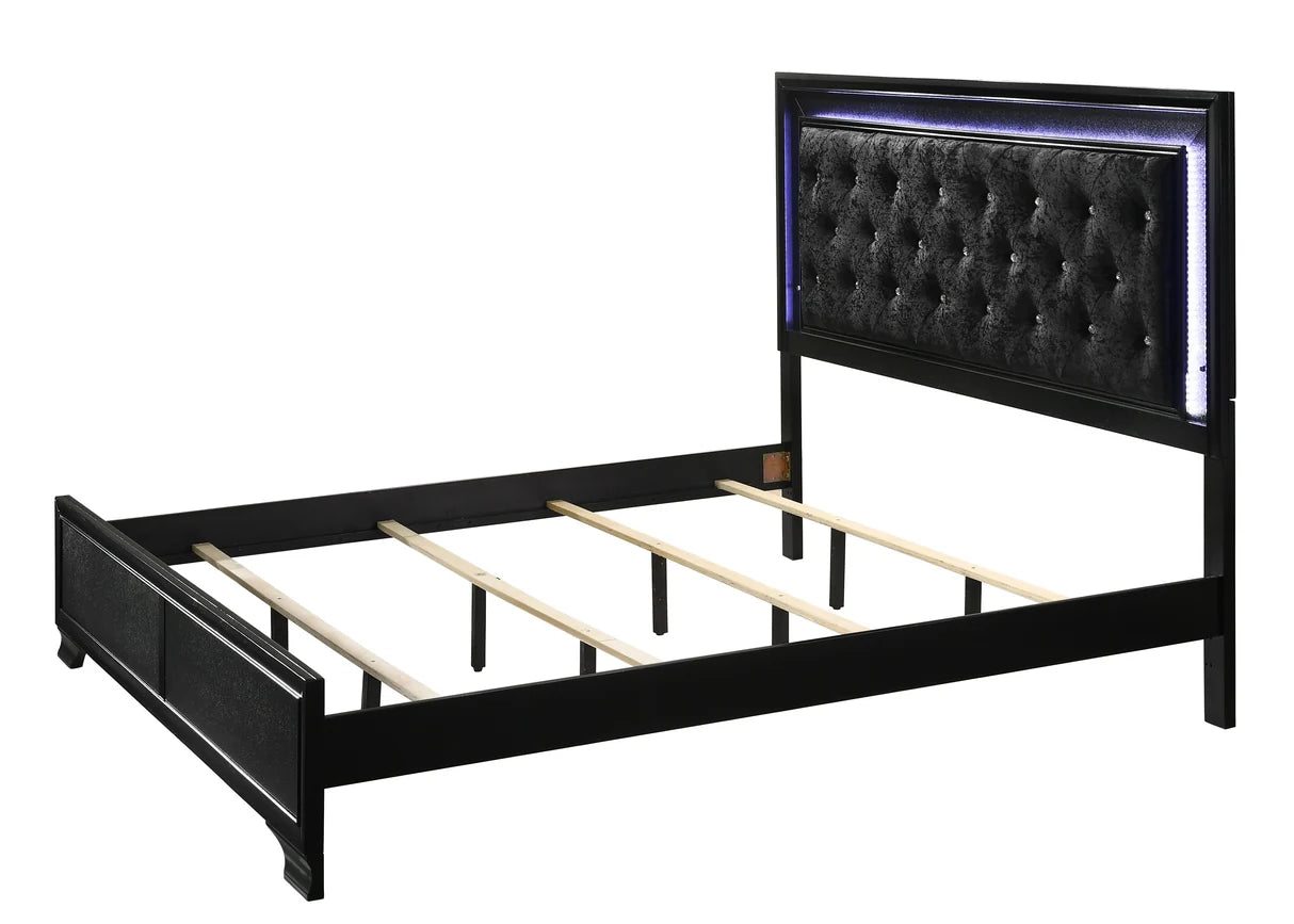 Micah black bedroom set with dresser, mirror, nightstand, and chest featuring crystal-style knobs