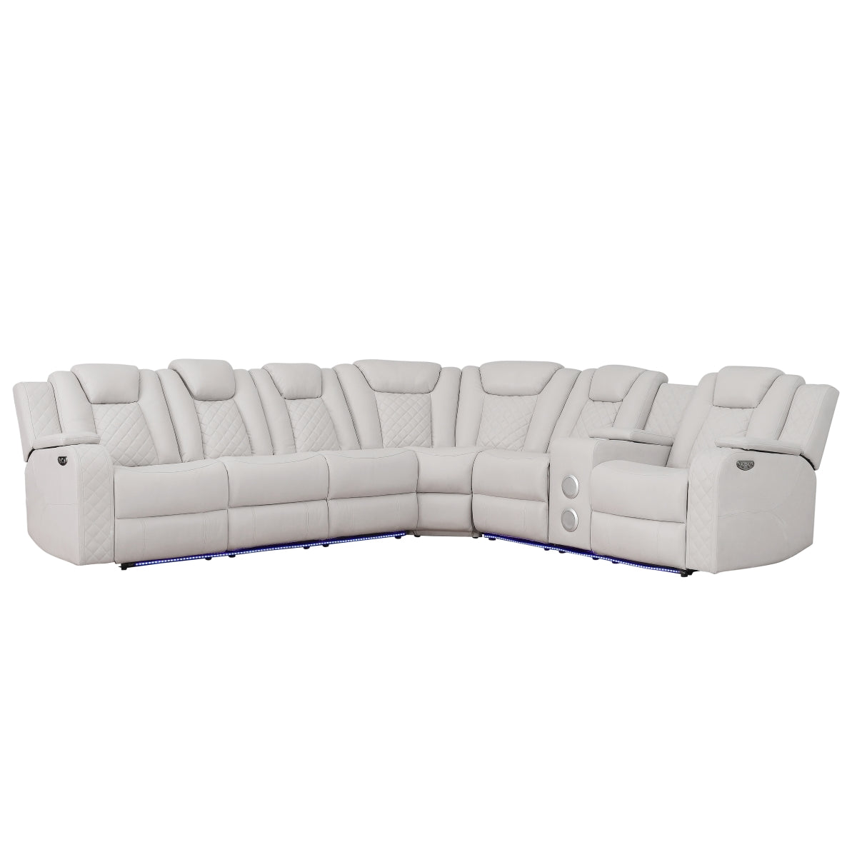 Light gray 3-piece reclining sectional sofa with LED base lighting and console