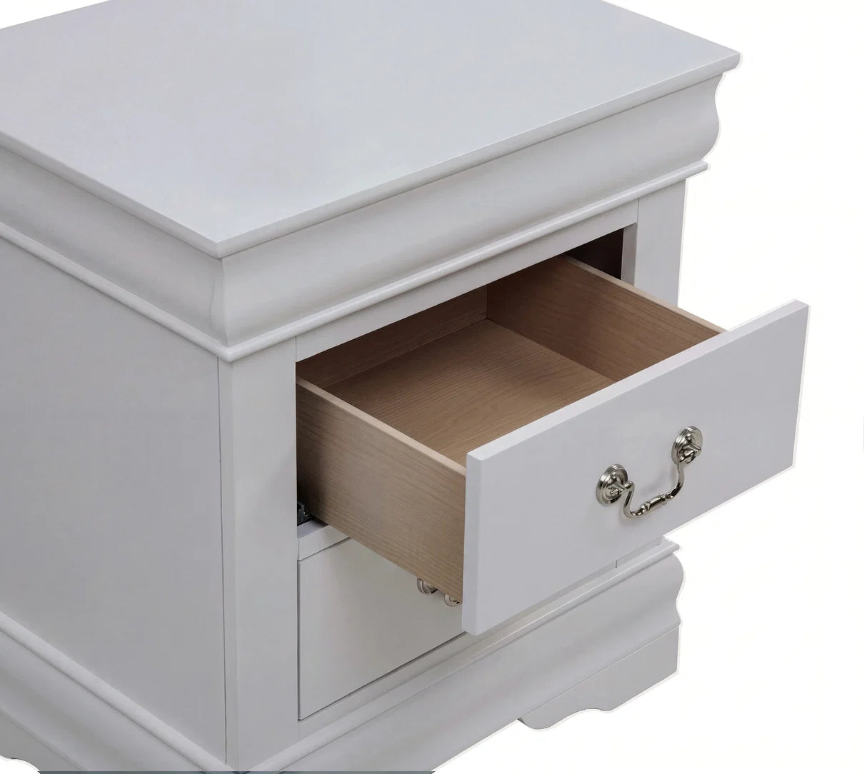 Louis white bedroom set with six-drawer dresser, beveled mirror, and two-drawer nightstand