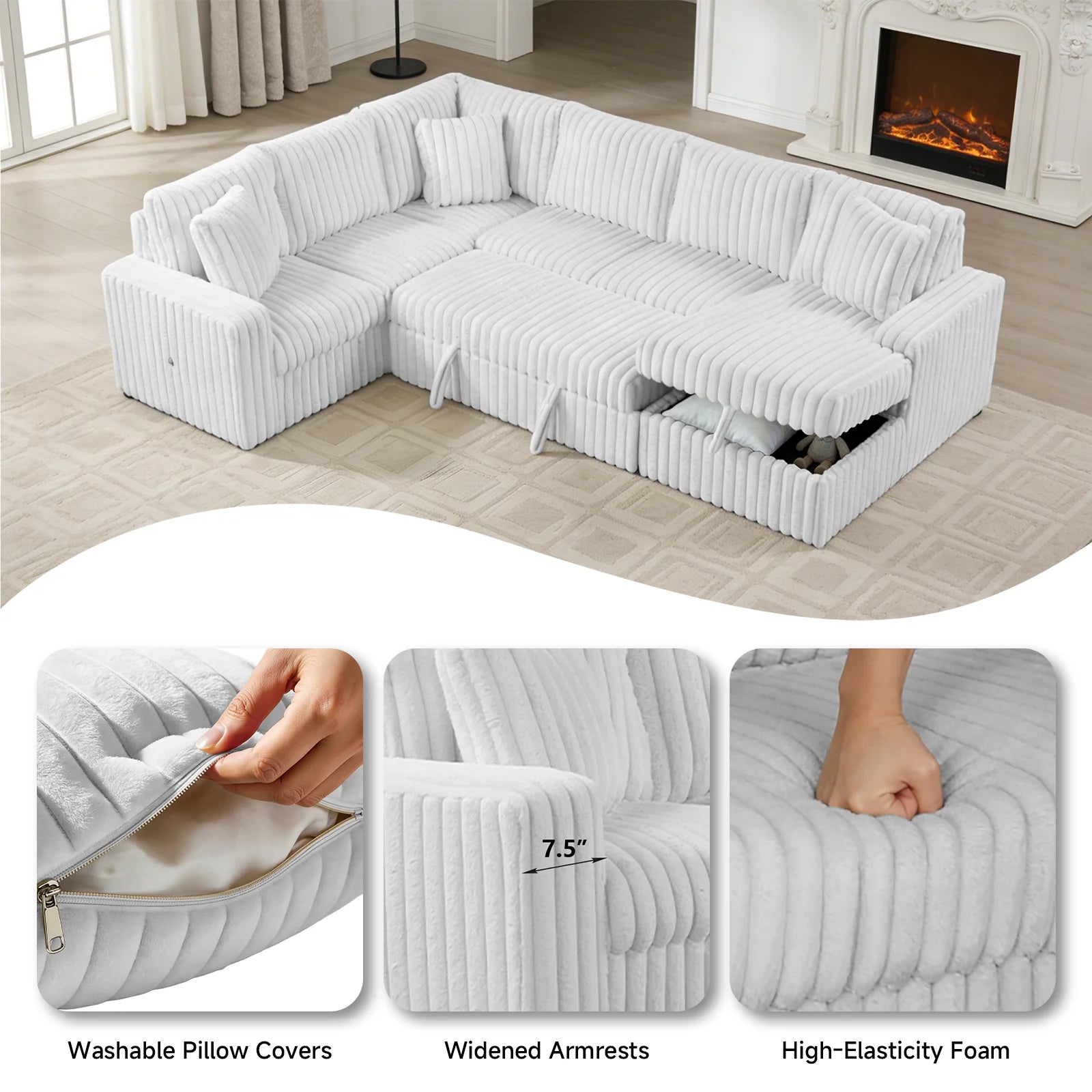 Grey Raha II sectional sofa with pullout bed and storage in a modern living room