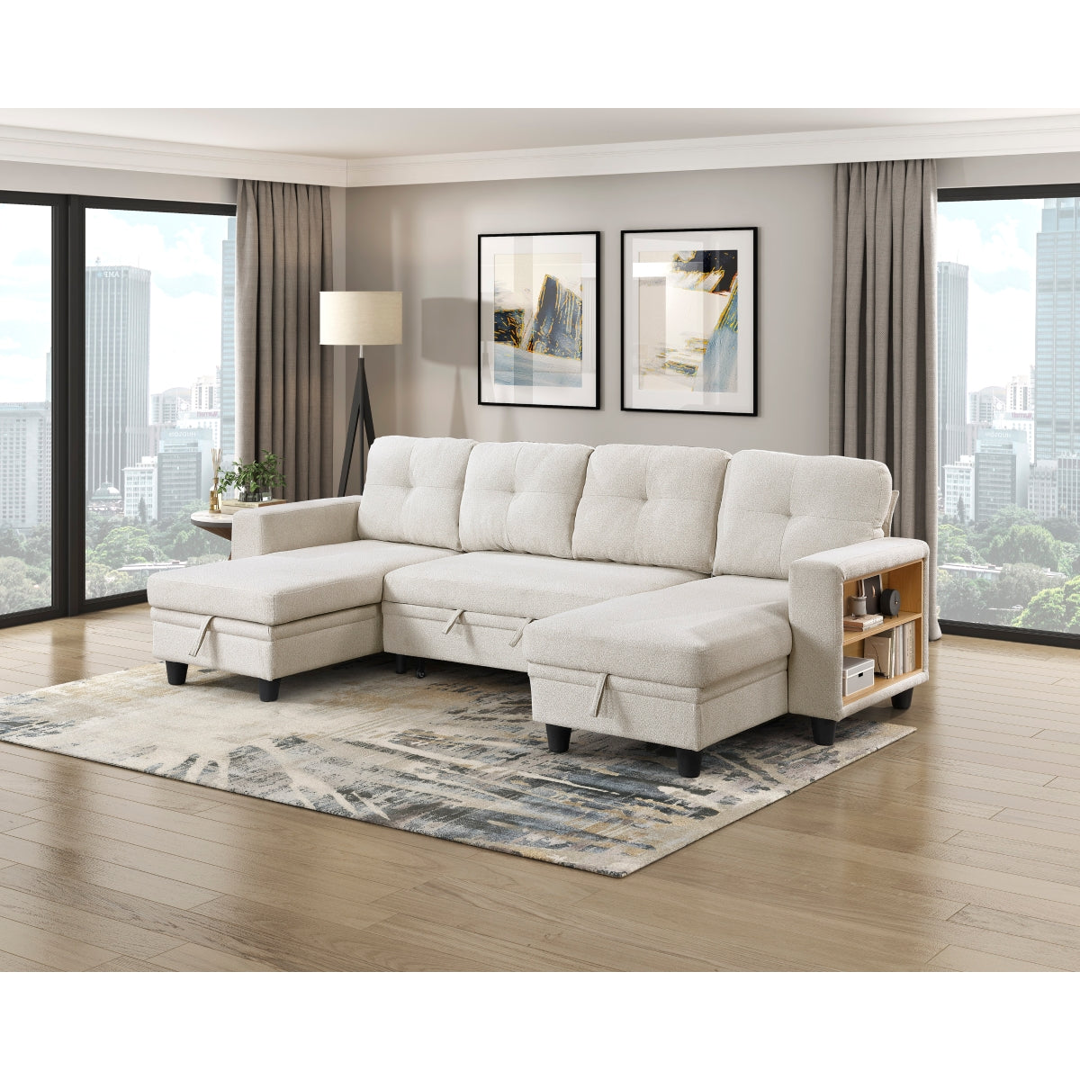 Beige boucle sectional sofa with pull-out bed, storage chaises, and built-in shelving
