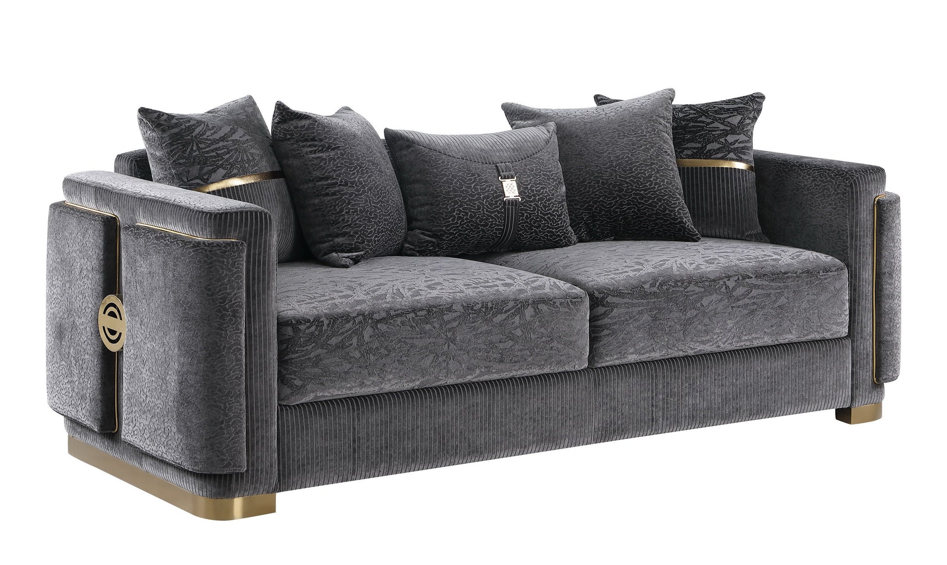 Capri Collection grey sofa, loveseat, and chair set with gold-tone trim and designer pillows in a modern living room