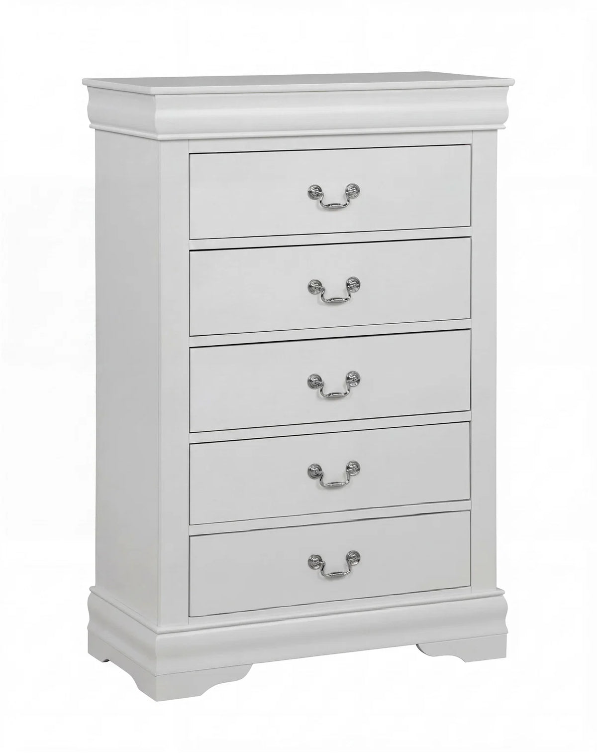 Louis white bedroom set with six-drawer dresser, beveled mirror, and two-drawer nightstand