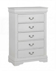 Louis white bedroom set with six-drawer dresser, beveled mirror, and two-drawer nightstand
