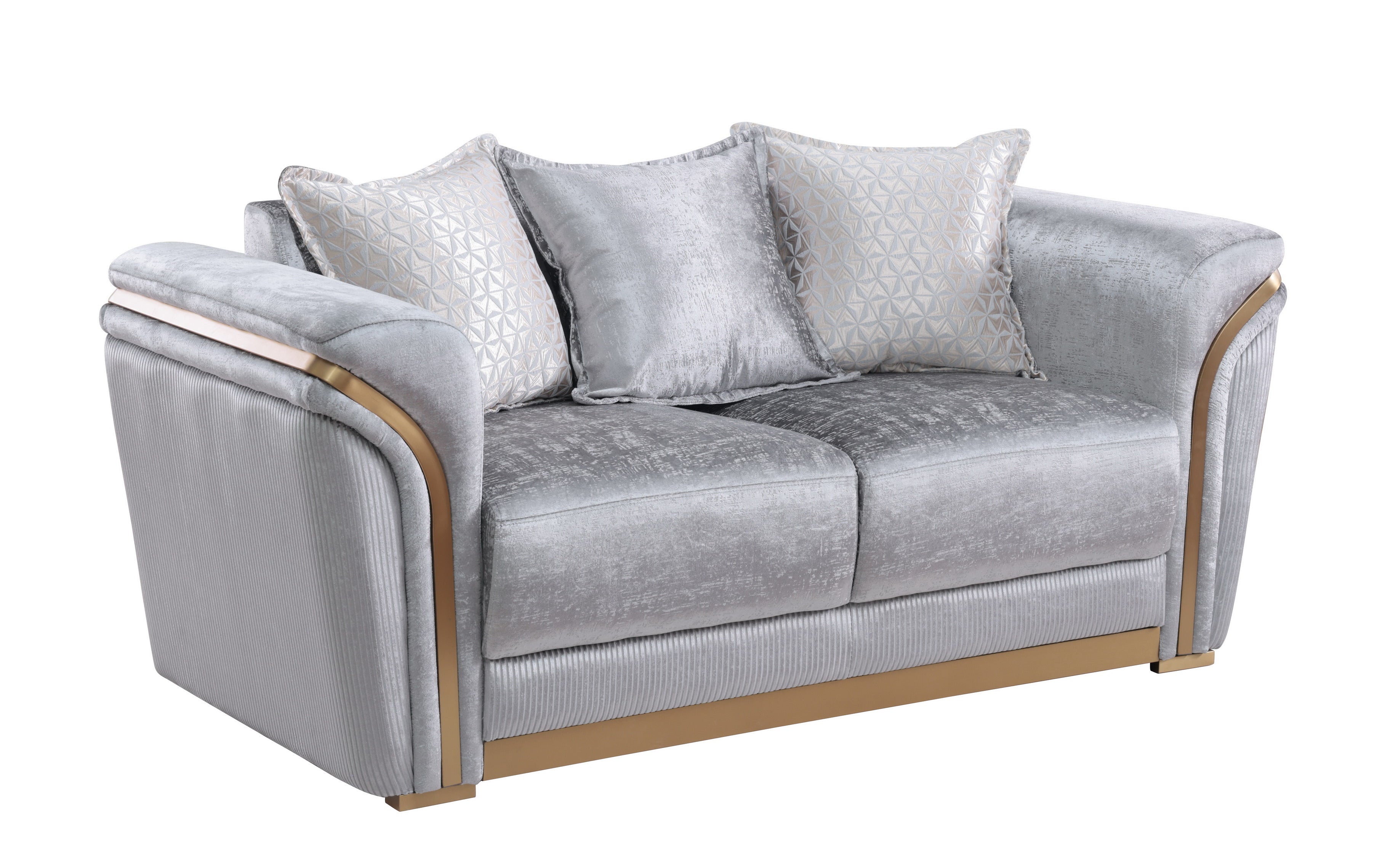 Torino Grey sofa, loveseat, and chair set with gold-tone trim in a modern living room