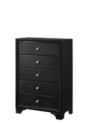 Micah black bedroom set with dresser, mirror, nightstand, and chest featuring crystal-style knobs