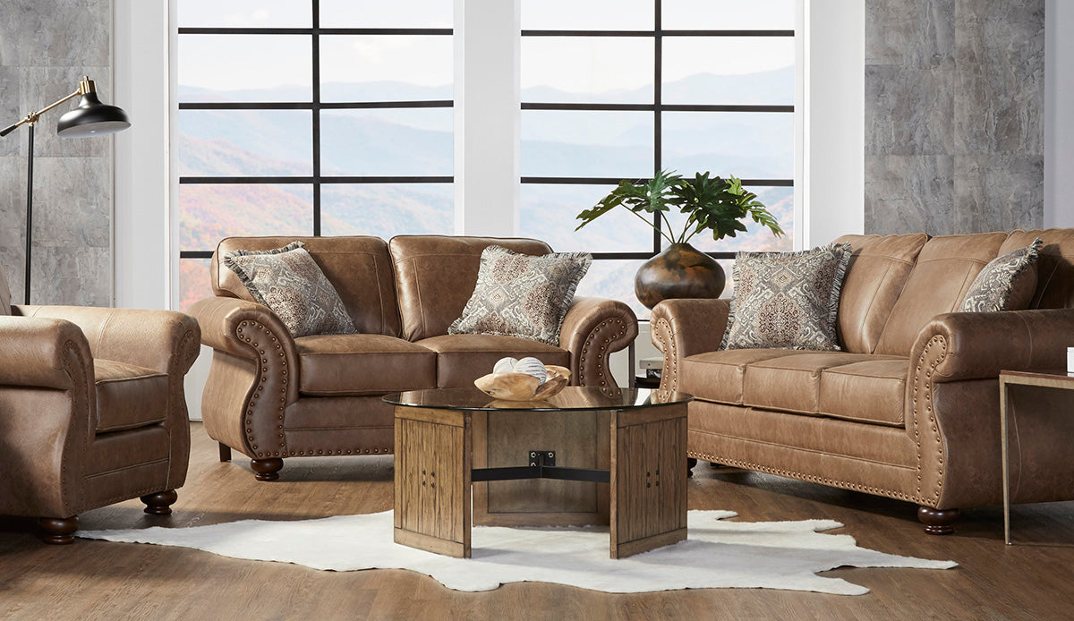 Ridge Nailhead Rolled-Arm Sofa & Loveseat Set – Premium Leather-Look Traditional Collection