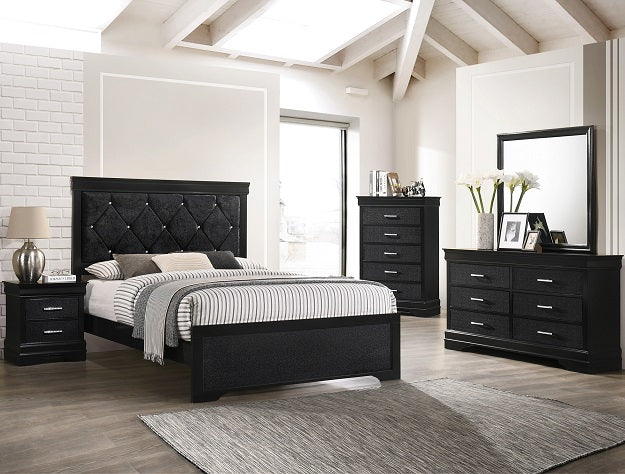 Amalia black diamond-tufted panel bed with matching nightstand, dresser, chest, and mirror