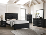 Amalia black bedroom set with diamond-tufted upholstered headboard, nightstand, chest, dresser, and mirror