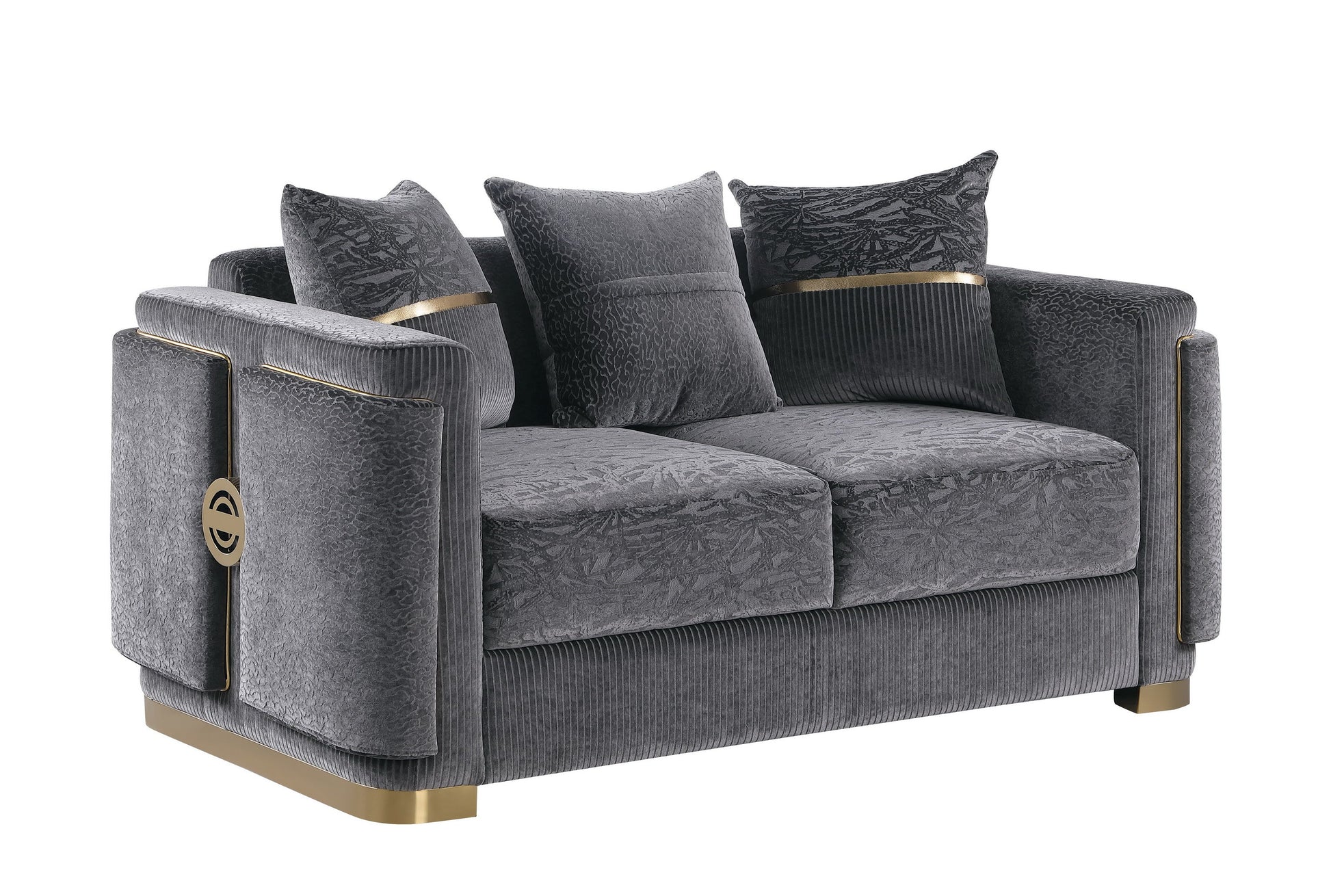 Capri Collection grey sofa, loveseat, and chair set with gold-tone trim and designer pillows in a modern living room
