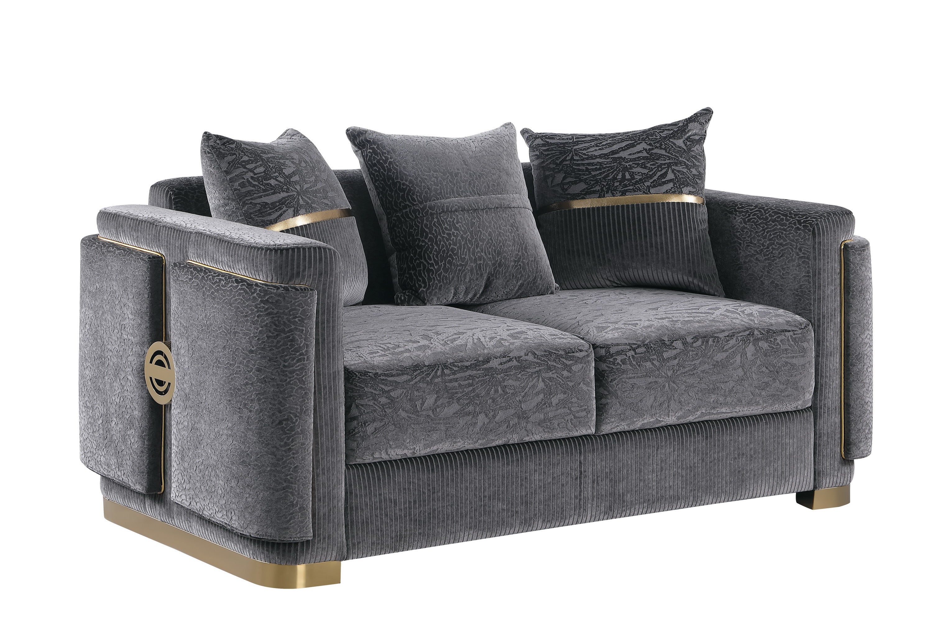 Capri Collection grey sofa, loveseat, and chair set with gold-tone trim and designer pillows in a modern living room