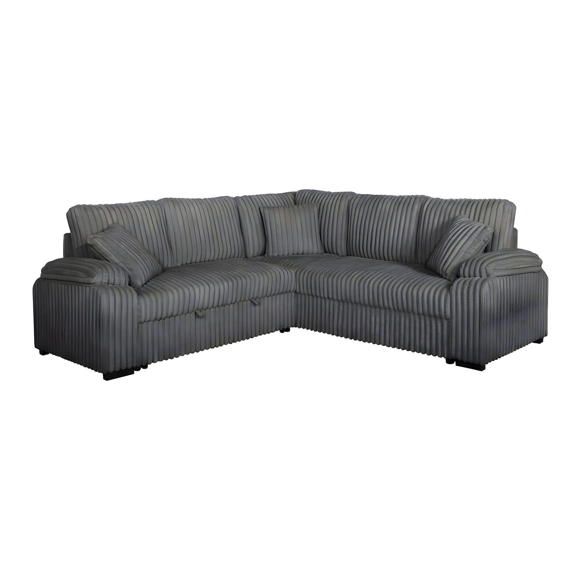 Grey corduroy sectional sofa with pullout bed and matching pillows in a modern living room