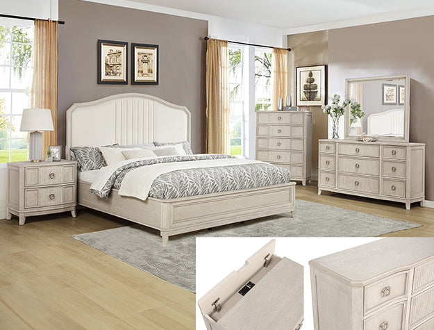 Napoli upholstered bed with tufted headboard and storage footboard in light wood-tone finish