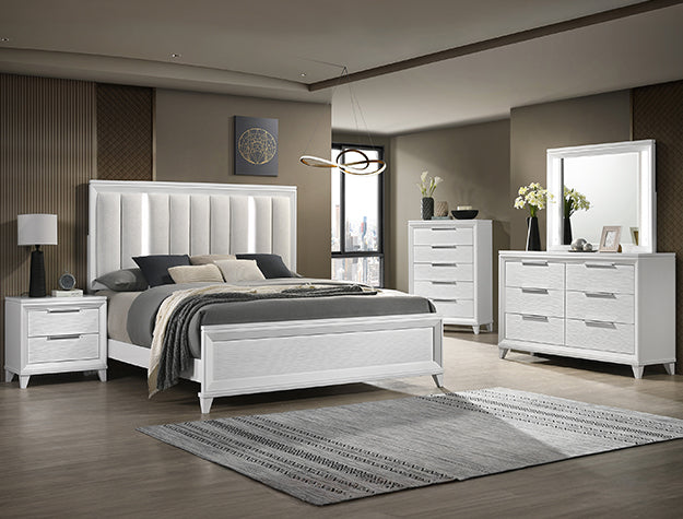 Cressida white platform bed with channel-tufted LED headboard in a modern bedroom