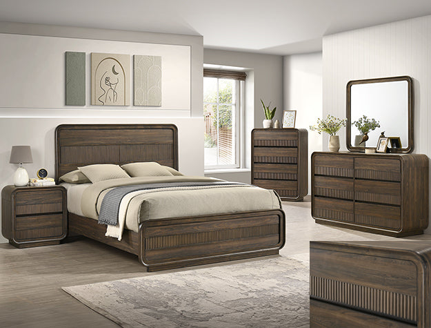 Kinkaid brown wood chest of drawers with fluted drawer fronts in a bedroom setting