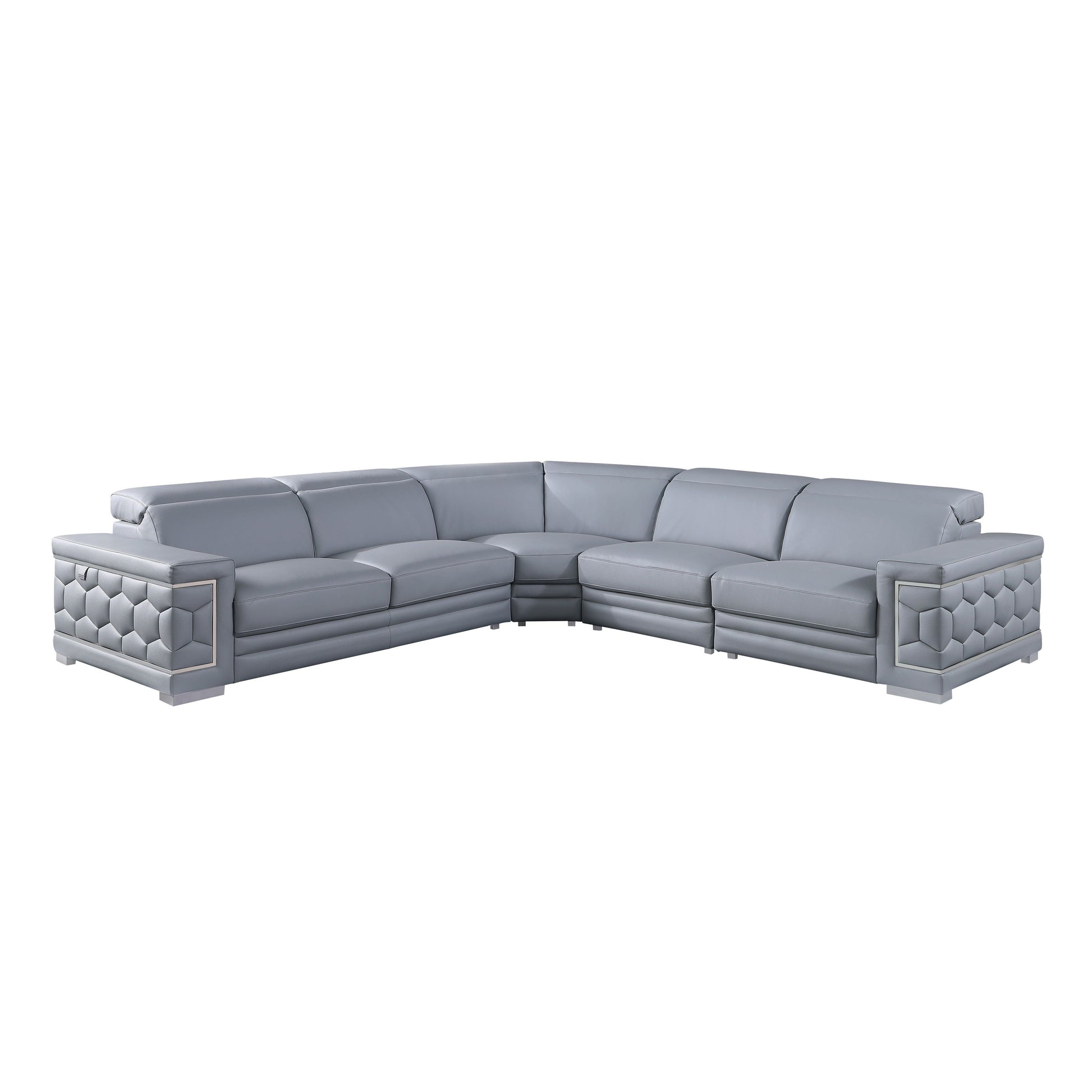 Favo 4-piece light blue-grey Italian leather sectional sofa with hexagon-tufted arms and chrome trim in a modern living room
