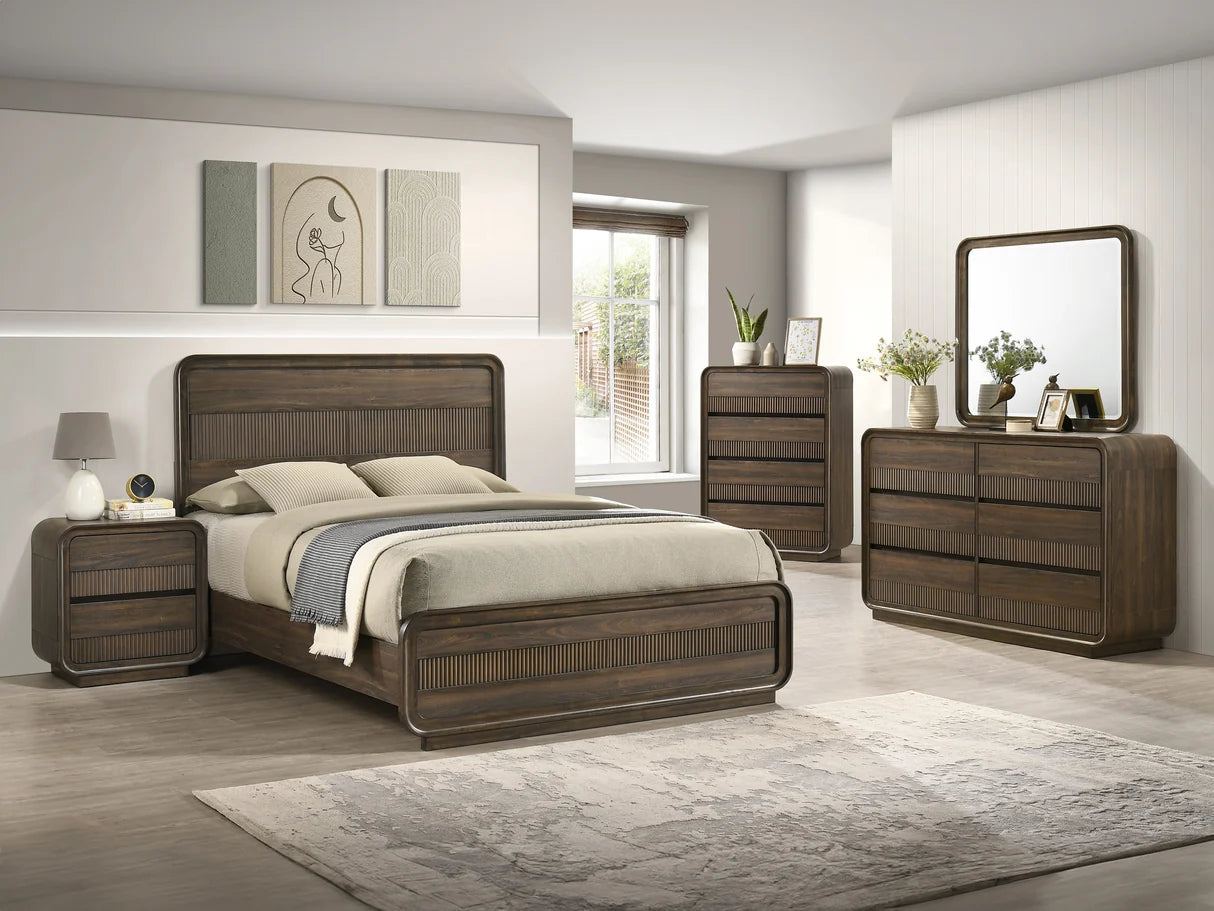 Kinkaid panel bed with reeded headboard detail in rich brown finish
