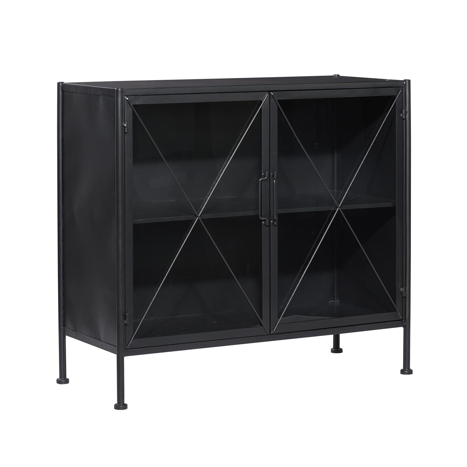 Black Metal Glass 2-Door Cabinet – 33" Industrial Storage
