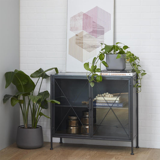 Black metal 2-door cabinet with X-shaped glass panels and slim legs, modern industrial style


