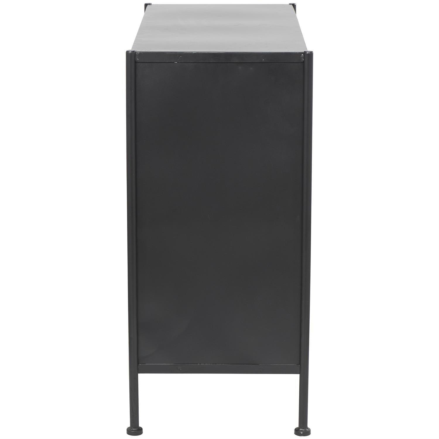 Angled view of black metal cabinet showing depth and glass door design with curved handles