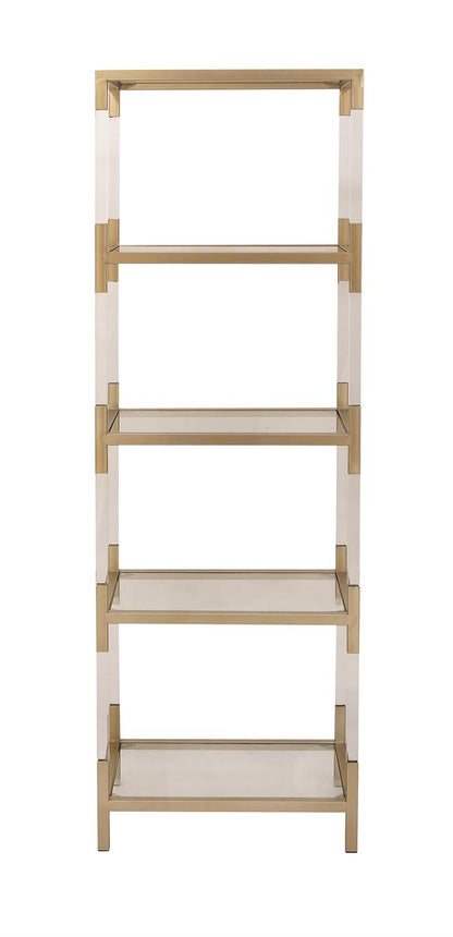 Tall gold shelving unit with acrylic legs and 5-tier glass structure