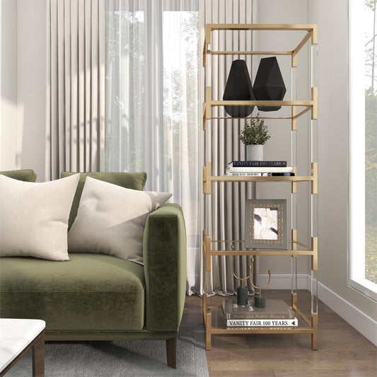 Gold & Acrylic 5-Tier Shelf – Minimalist Glass Display Unit, 69"