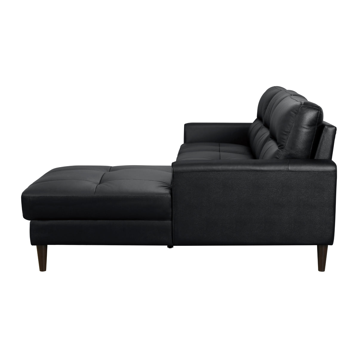 Black leather 2-piece sectional sofa with right-facing chaise and wood-tone legs