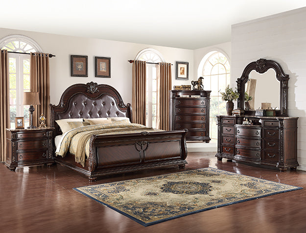 Stanley collection dark wood sleigh bed with tufted upholstered headboard in bedroom setting