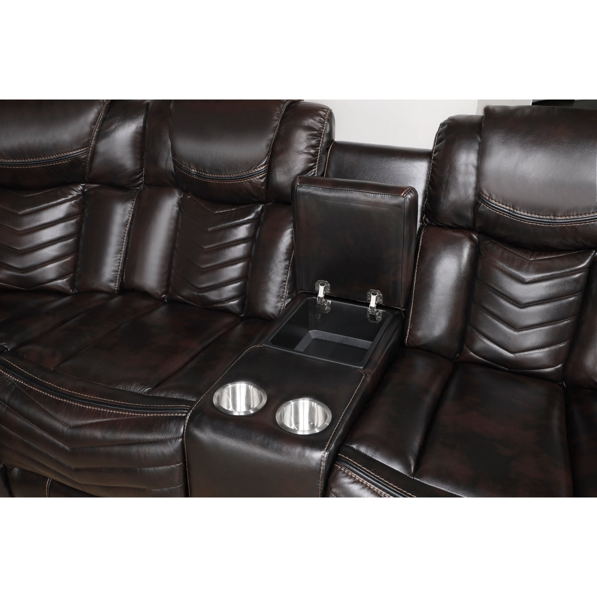 Dark brown faux leather power reclining sectional with LED lighting and consoles