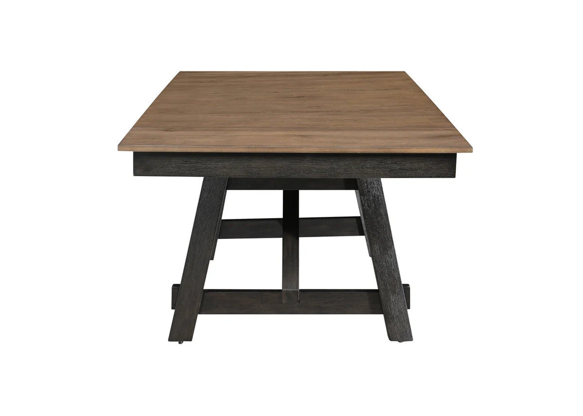 Maribelle two-tone trestle dining table with upholstered ladder-back chairs and bench