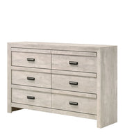 Valor whitewashed bedroom set with chevron headboard bed, dresser, mirror, nightstand, and chest