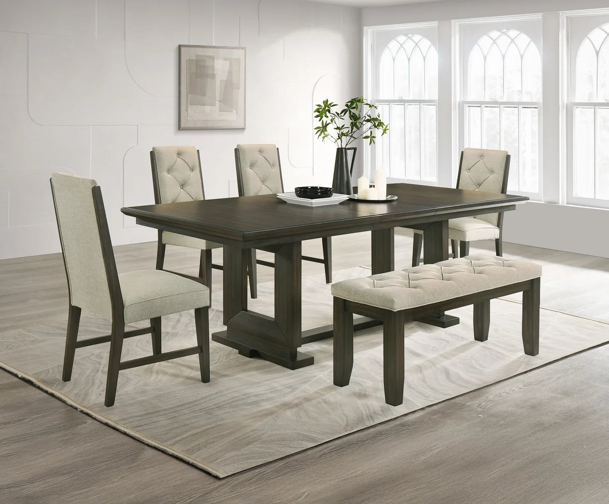 Herbert dining set with tufted bench, upholstered chairs, and wood trestle table