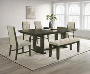 Herbert dining set with tufted bench, upholstered chairs, and wood trestle table