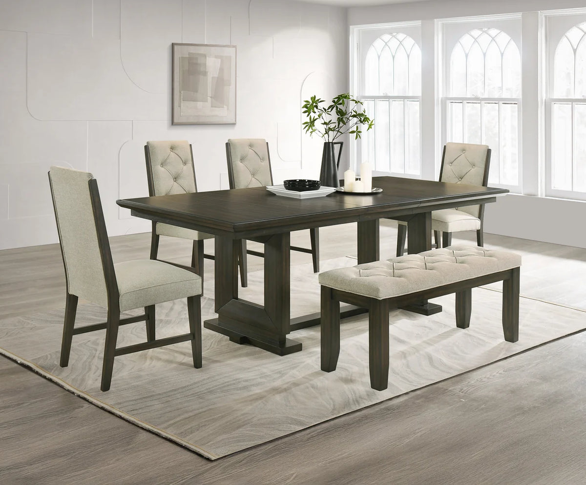 Herbert dining set with tufted bench, upholstered chairs, and wood trestle table