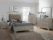 Lyssa bedroom set with tufted LED headboard bed, nightstand, chest, dresser, and mirror in champagne finish