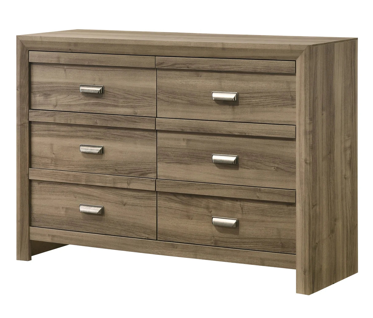 Valor bedroom set with chevron headboard bed, nightstand, dresser, mirror, and chest in a warm wood-tone finish