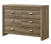 Valor bedroom set with chevron headboard bed, nightstand, dresser, mirror, and chest in a warm wood-tone finish