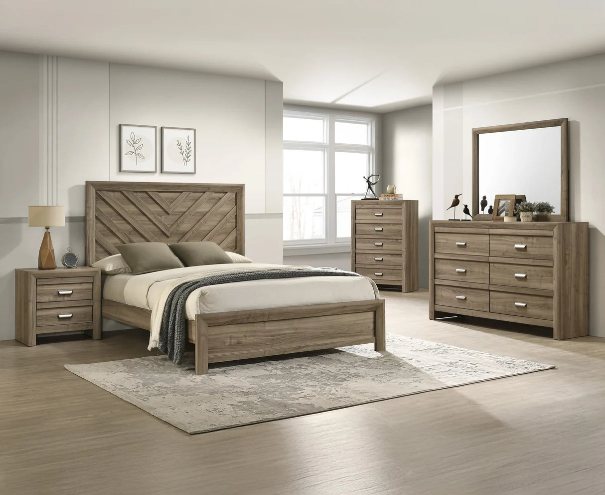 Valor bedroom set with chevron headboard bed, nightstand, dresser, mirror, and chest in a warm wood-tone finish