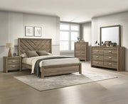 Valor bedroom set with chevron headboard bed, nightstand, dresser, mirror, and chest in a warm wood-tone finish