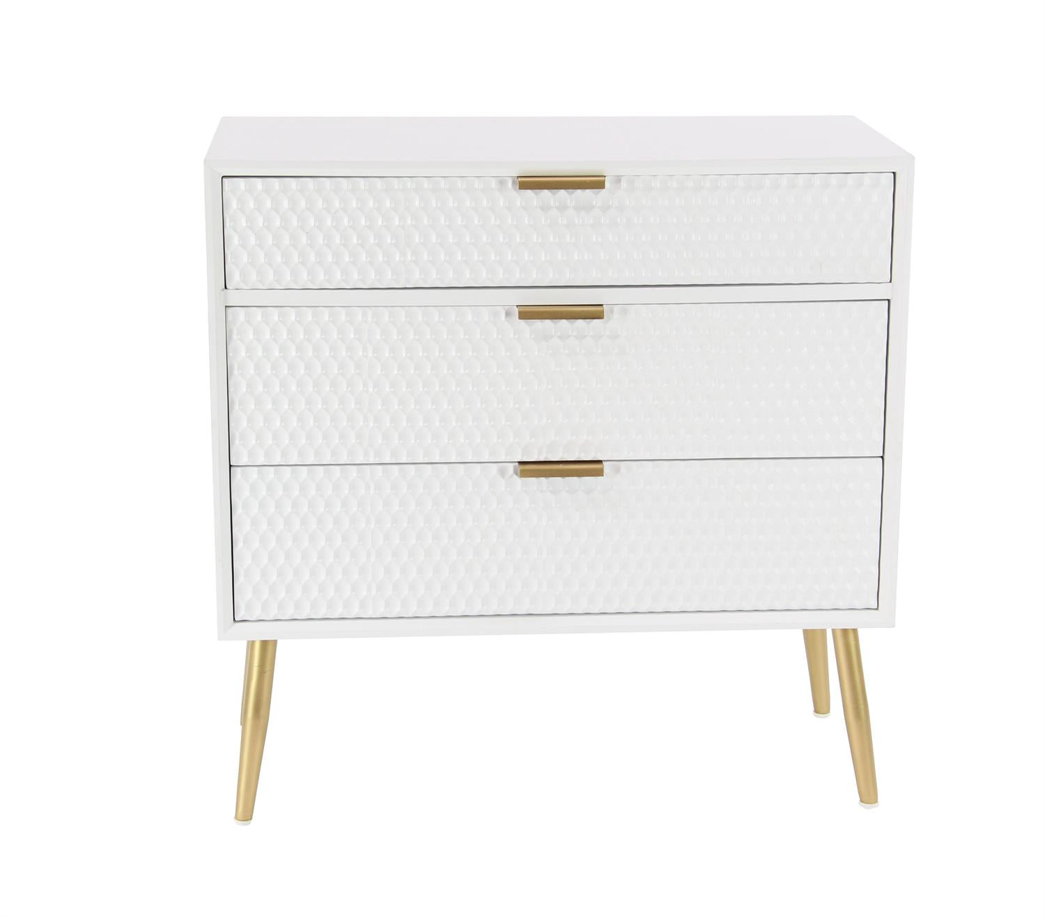 White 3-drawer cabinet with embossed honeycomb pattern and gold handles
